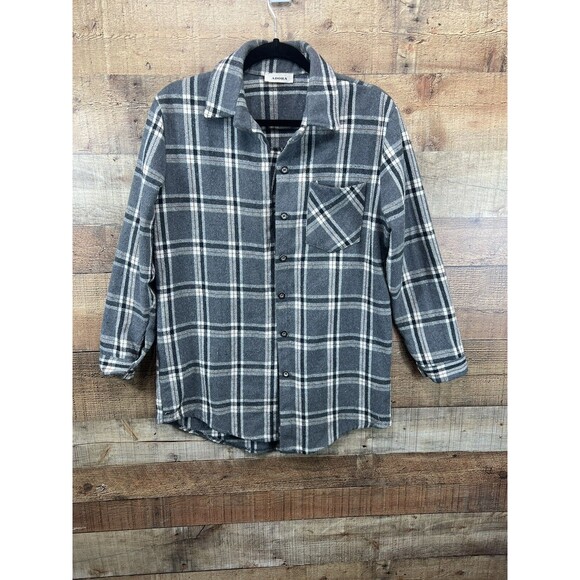 Adora Womens Gray And White Plaid Flannel Button Down Shacket Shirt Small - Picture 1 of 12